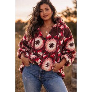 Ann Taylor LOFT Womens Sunburst Sherpa Hoodie Pullover Sz XXL Brown Fleece Boho